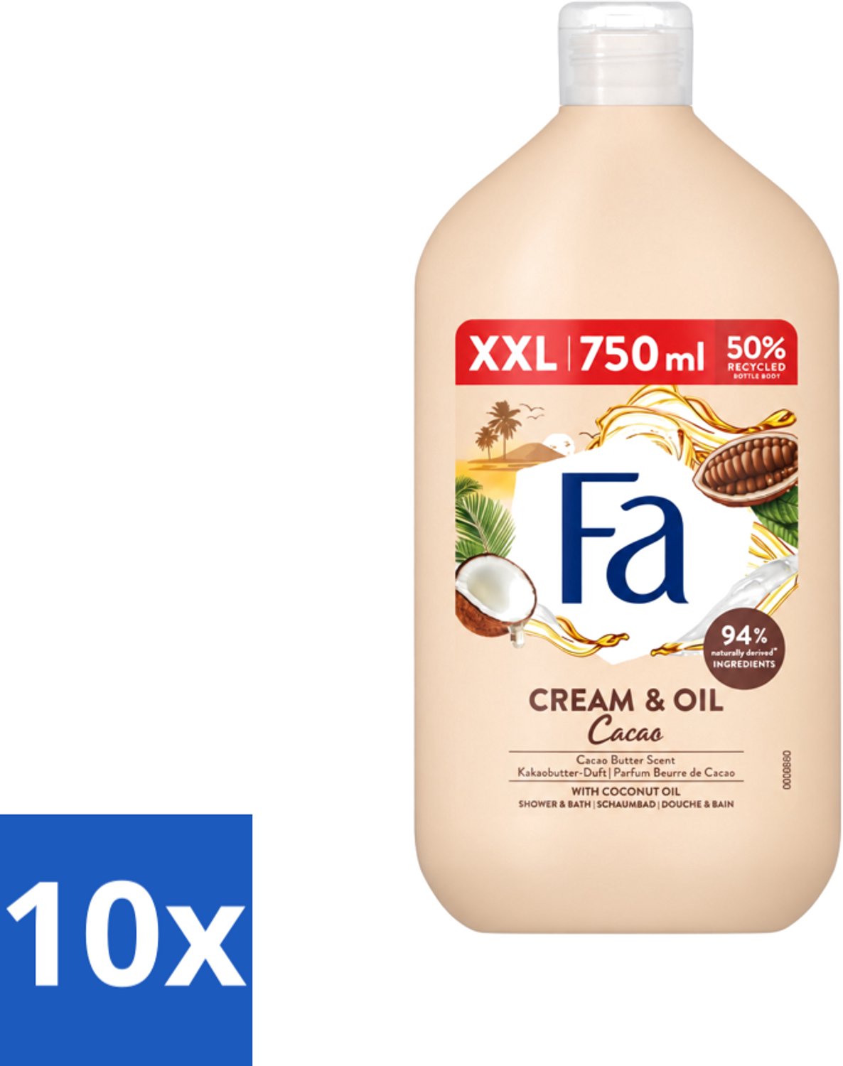 10 x Fa - Cream & Oil Cacao - Bad- & Douchegel - Cacaoboter Met Kokosolie - 750 ml - Voordeelverpakking - 10 stuks