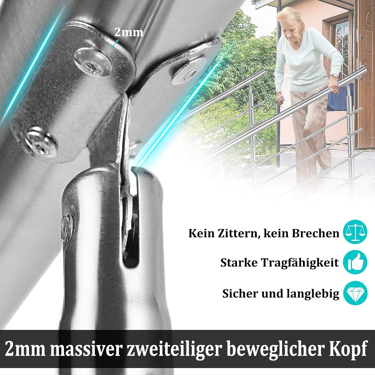 Stalen leuningen, robuuste trapleuning met 2 palen, veiligheidsleuningset voor binnen en buiten, balustrade voor trappen, balkon, patio, terras, tuin, ingangen