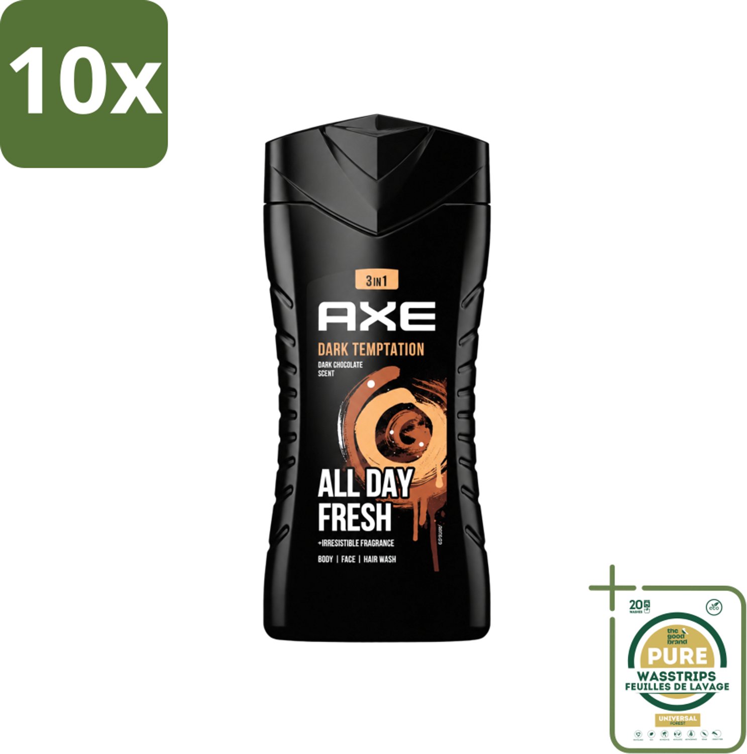 10 x Axe - 3-in-1 Douchegel - Dark Temptation - Dark Chocolate - 250 ml - Wasstrips - Douchegel - 3-in-1 - Lichaam - Gezicht - Haar