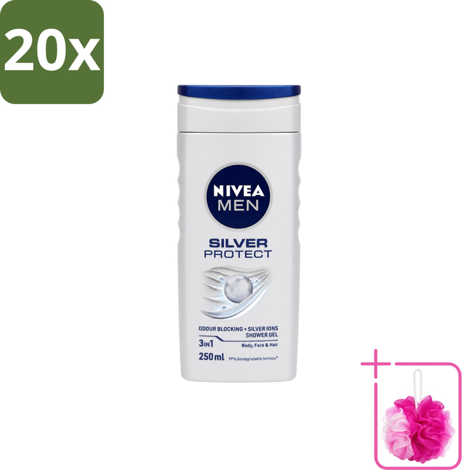 20 x Nivea Men – Douchegel – Silver Protect – 250 ml - Bulkverpakking - Douchegel mannen - Douchemop - Zilverionen