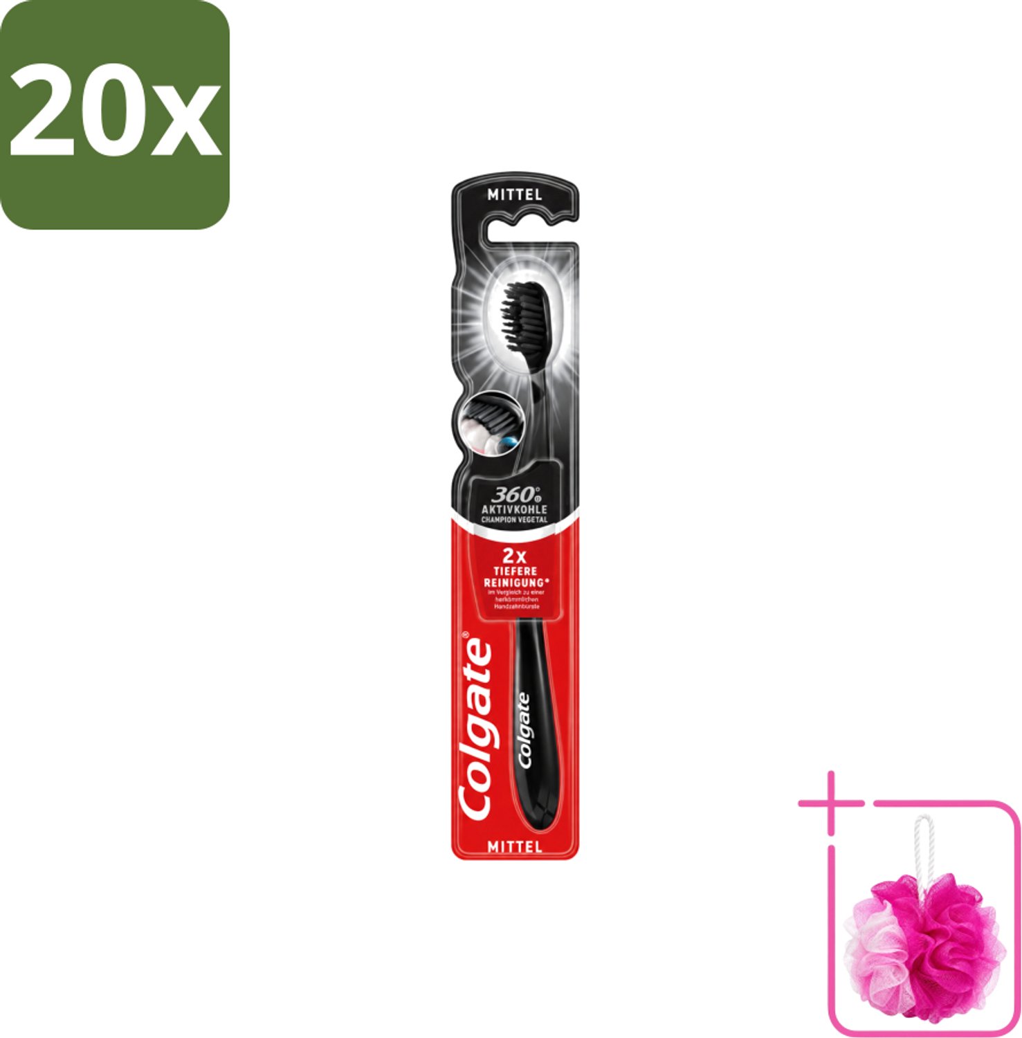 20 x Colgate - Tandenborstel - Charcoal Black 360 Medium - Zwart - 1 Tandenborstel - Bulkverpakking - Tandenborstel houtskool - Douchemop - Tandenborstel 360°