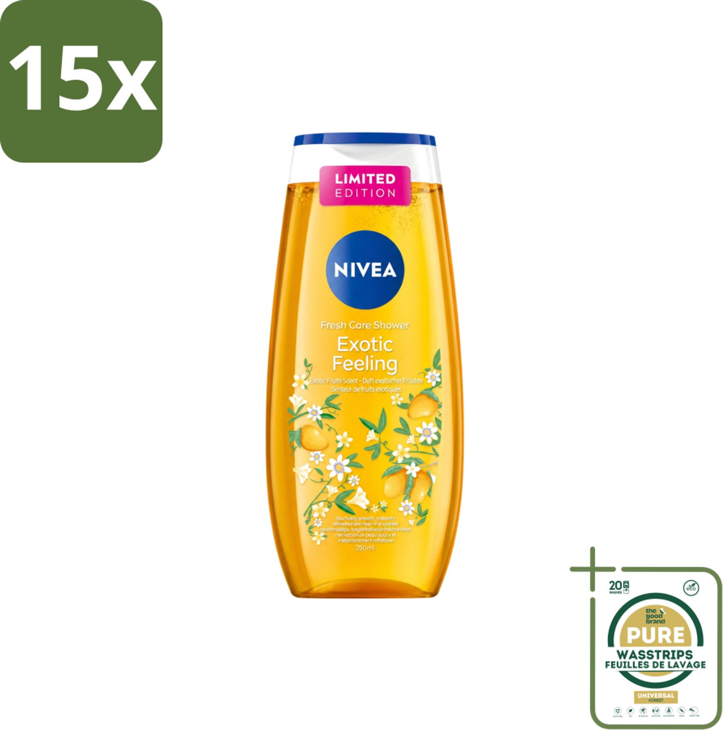 15 x Nivea – Douchegel – Exotic Feeling – 250 ml - Wasstrips - Douchegel - Tropische Geur - Mild Reinigen - Huid Verzorgen - Fris Huidgevoel