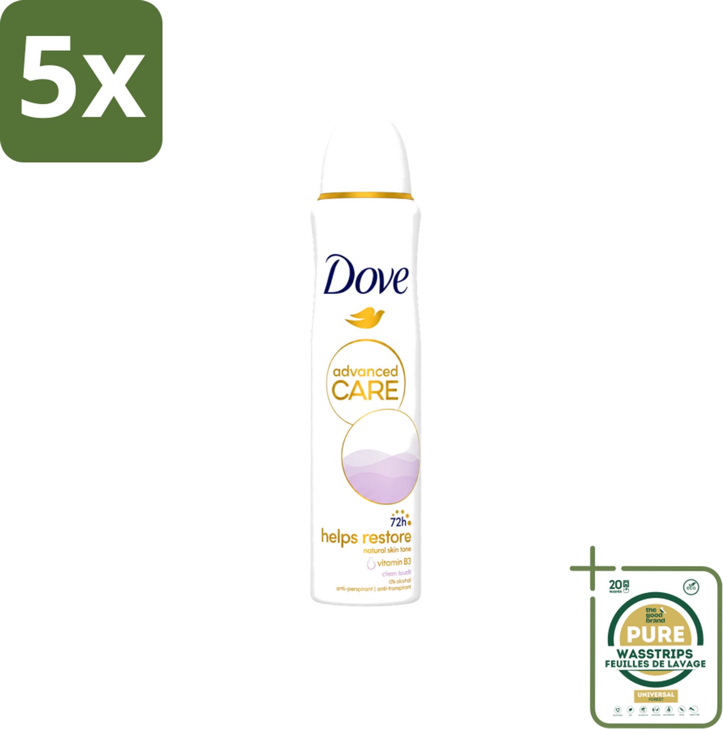 5 x Dove - Deodorant - Spray Clean Touch - Zachte geur en verzorging - 150 ml - Wasstrips - Dove Clean Touch - Deodorant Spray - Anti-transpirant - Zweet En Geur - Fris