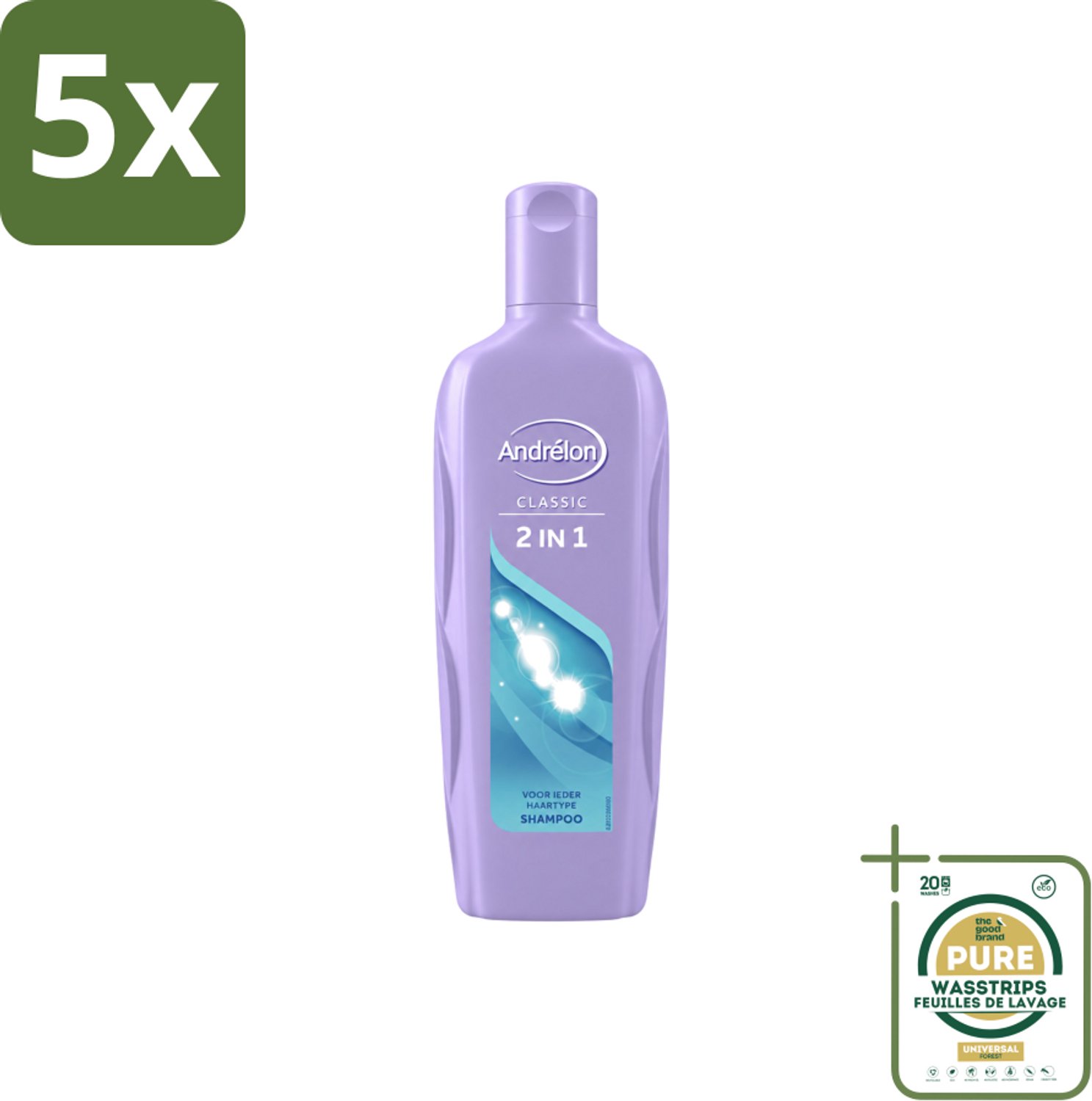 5 x Andrélon – Shampoo – 2-in-1 – 450 ml - Wasstrips - Shampoo 2-in-1 - Haarverzorging - Reinigen En Verzorgen - Zacht Haar - Soepel Haar