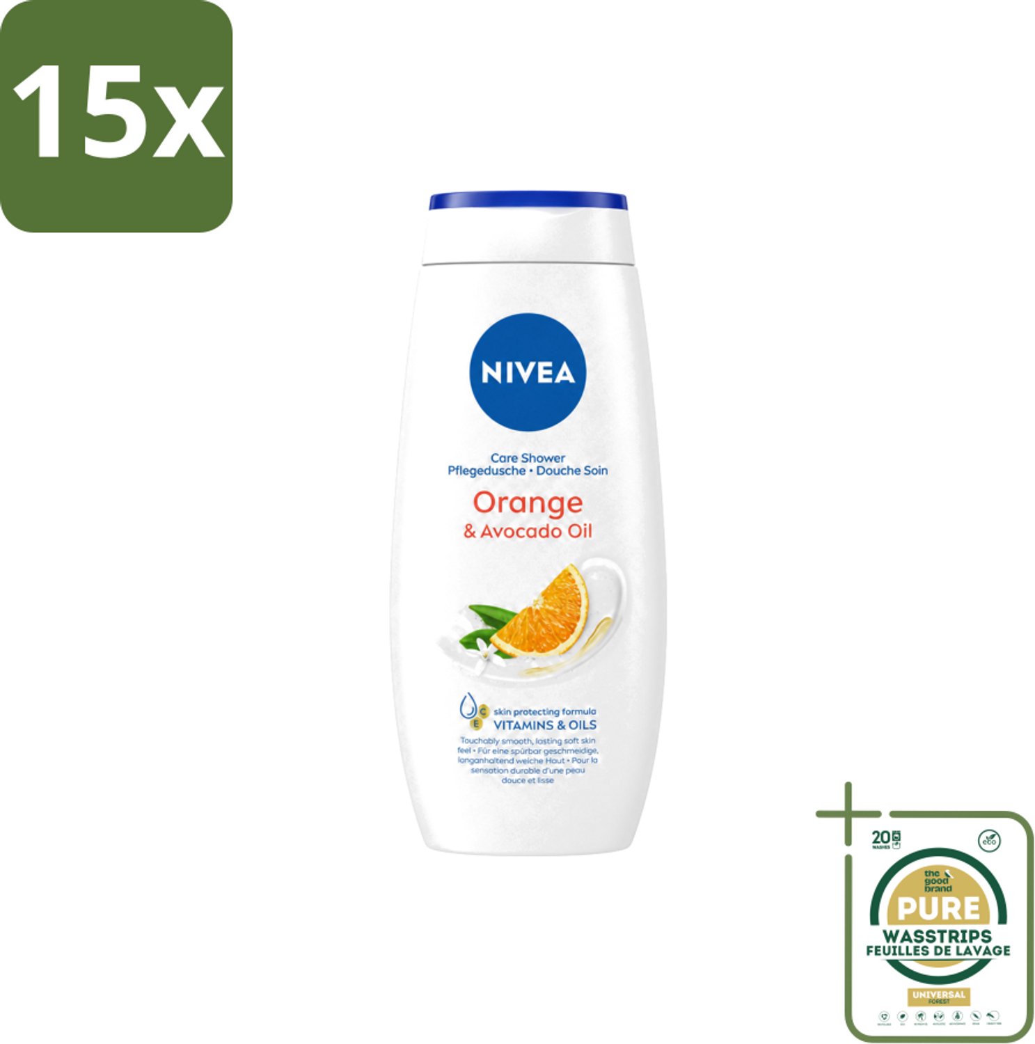 15 x Nivea - Douchegel - Orange - Voelbaar Gladde Huid - 250 ml - Wasstrips - Douchegel - Huid Verzorgen - Bamboemelk - Sinaasappelgeur - Voelbaar Gladde Huid