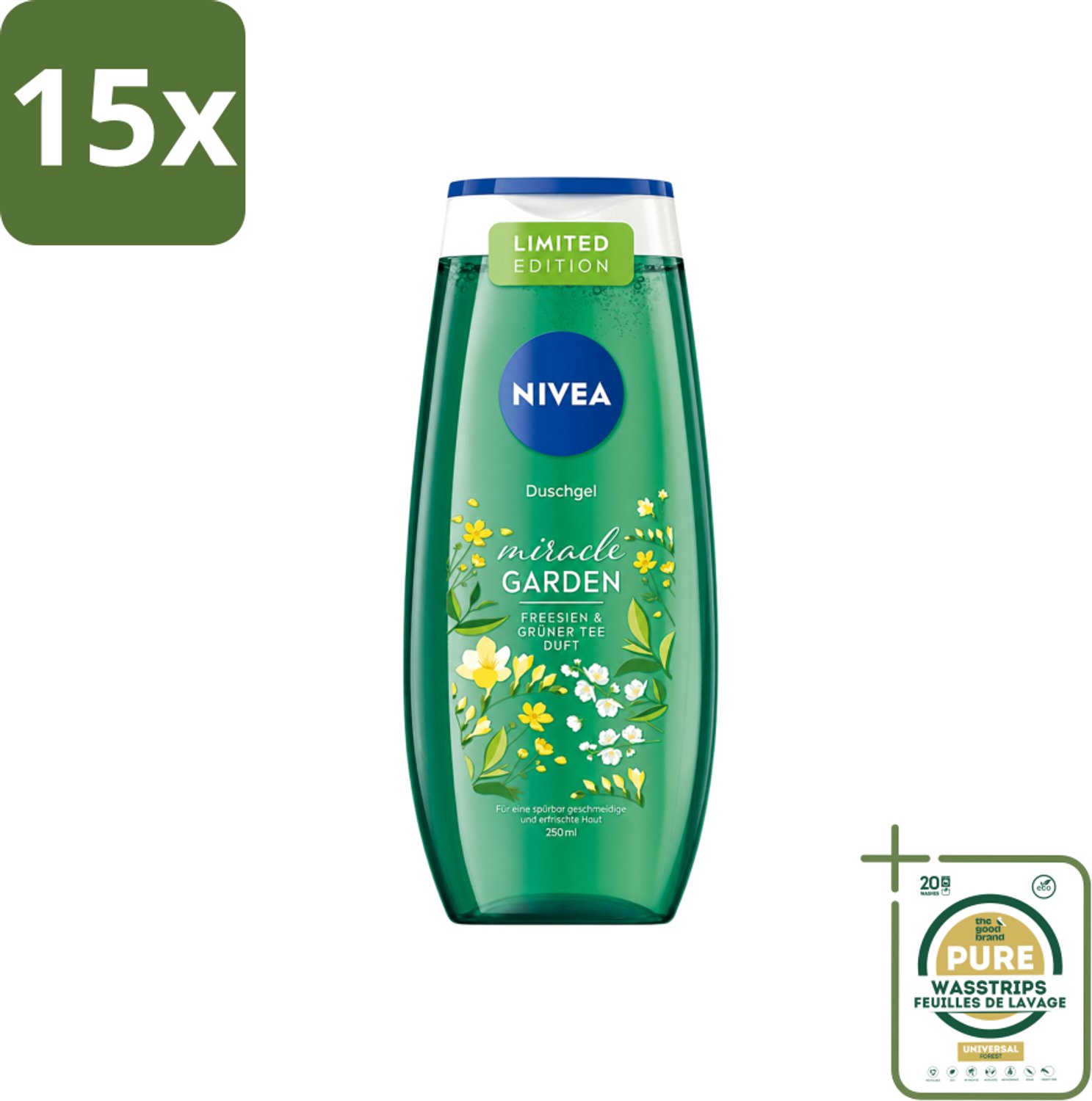 15 x Nivea - Douchegel - Freesia & Groene Thee - 250 ml - Wasstrips - Douchegel Freesia Groene Thee - Douchegel Voor Huidverzorging - Frisse Geur Douchegel - Hydraterende Douchegel - PH-huidneutraal