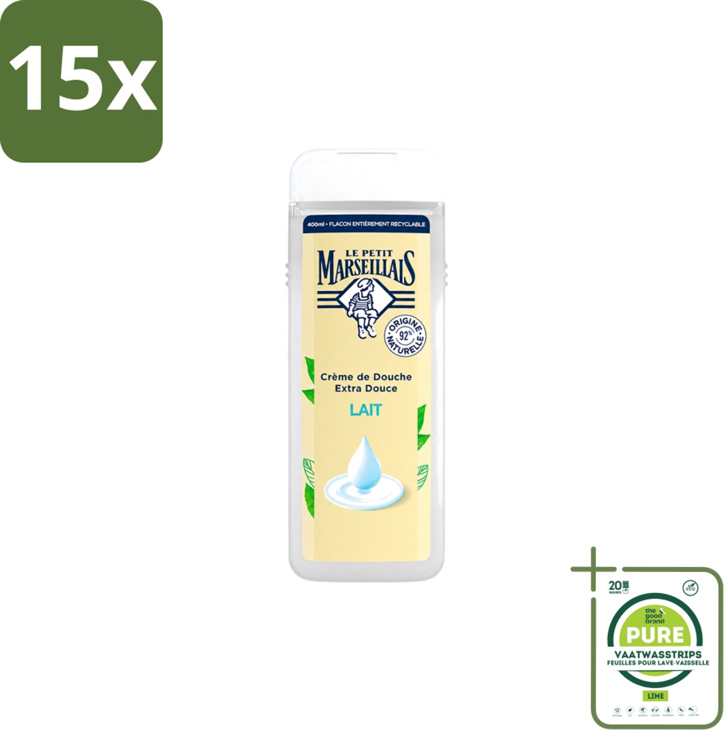 15 x Le Petit Marseillais – Douchecrème – Lait – 400 ml - Grootverpakking - Vaatwasstrips - Douchecrème - Huid Verzorging - Hydraterende Douchecrème - Zachte Huid - Natuurlijke Douchecrème