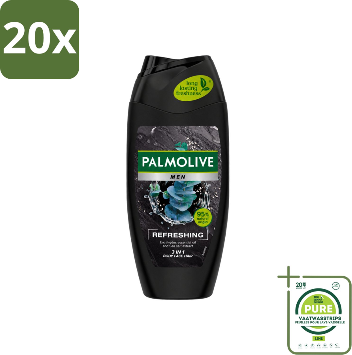 20 x Palmolive Men - 3in1 Douchegel - Refreshing - Fris & Verzorgend - 250 ml - Grootverpakking - Vaatwasstrips - Douchegel Voor Mannen - Frisheid - Verzorging - Verfrissende Geur - Citrusolie