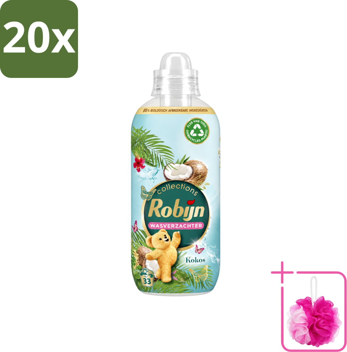 20 x Robijn - Kokos Sensation - Wasverzachter - Tropische Geur - 33 Wasbeurten - 825 ml - Bulkverpakking - Wasverzachter - Douchemop - Kokosgeur