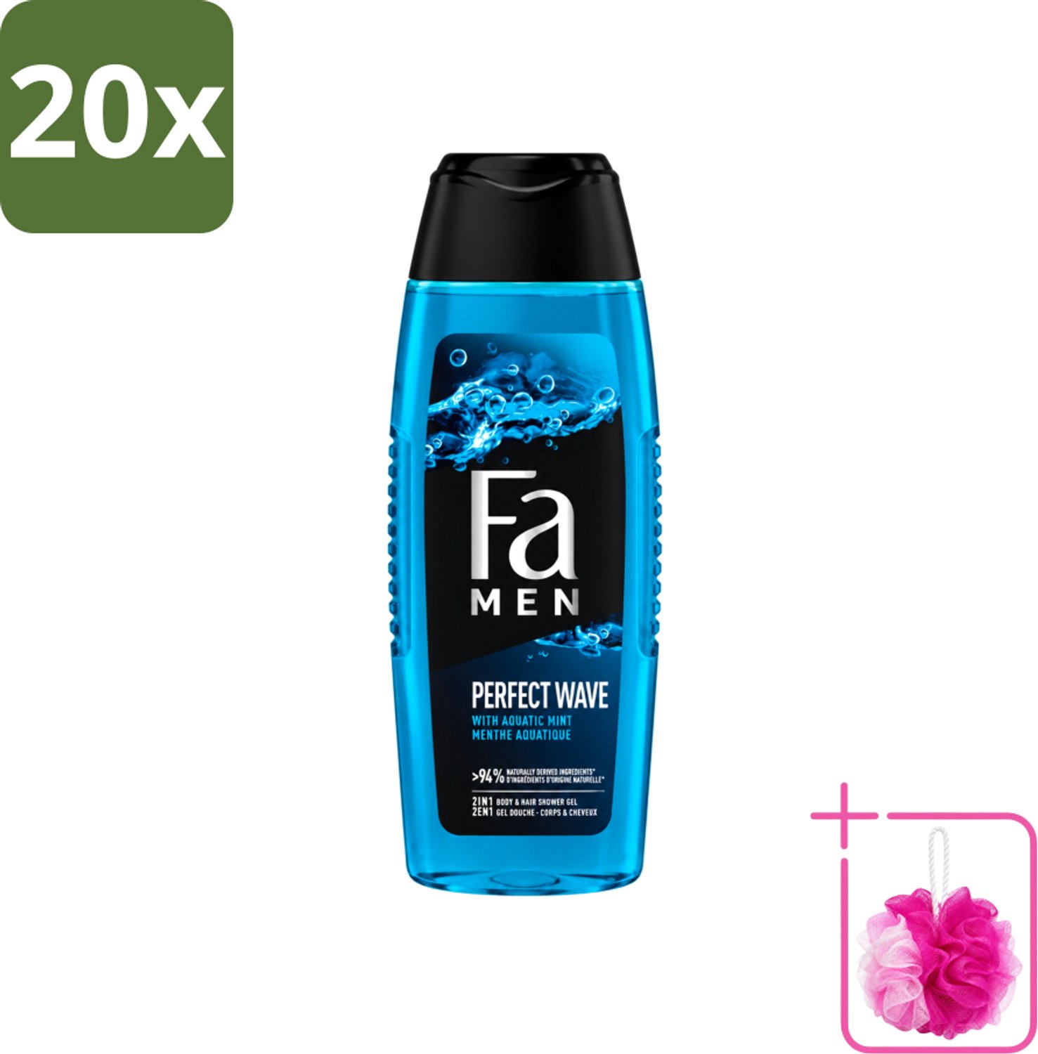 20 x Fa Men - Perfect Wave - 2 in 1 Douchegel & Shampoo - Menthol - 250 ml - Bulkverpakking - Douchegel en shampoo voor mannen - Douchemop - Menthol geur