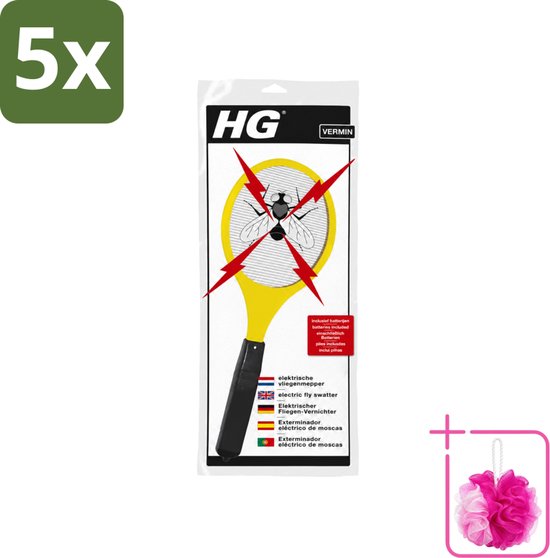 5x HG elektrische vliegenmepper in verpakking met inclusief batterijen tekst en een roze douchespons.