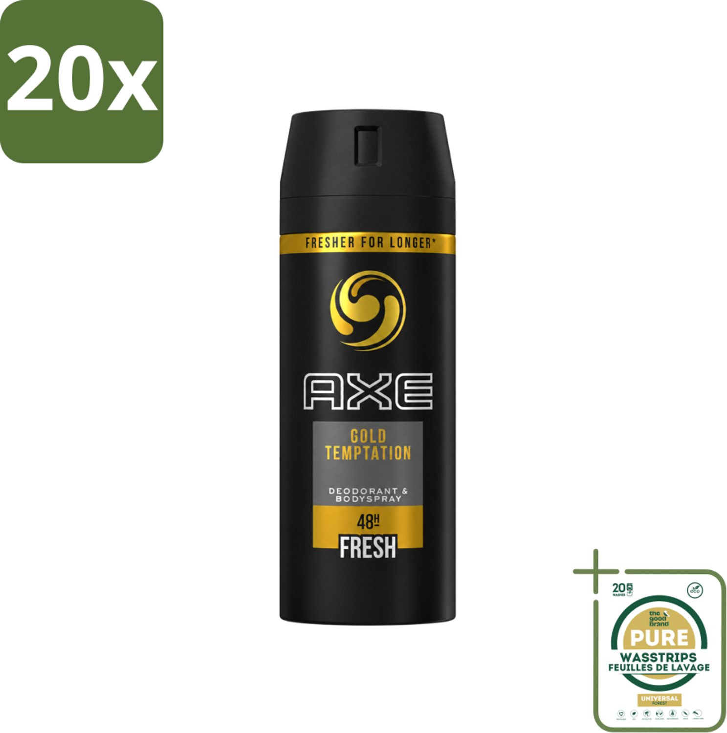 20 x Axe - Deodorant Bodyspray - 48hrs Fresh - Gold Temptation - 150 ml - Wasstrips - 48 Uur Bescherming - Zweetvermindering - Deodorant Spray - Geur - Fris