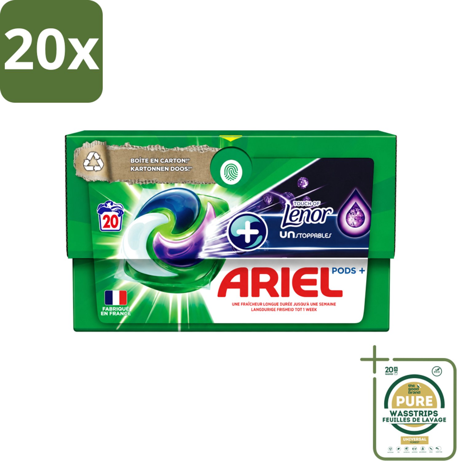 20 x Ariel Original - Touch of Lenor Unstoppables - Wasmiddelcapsules - Pods+ - Witte en Gekleurde Was - 20 Wasbeurten - Wasstrips - Wasmiddelcapsules - Reiniging - Vlekken Verwijderen - Frisheid - Koud Was