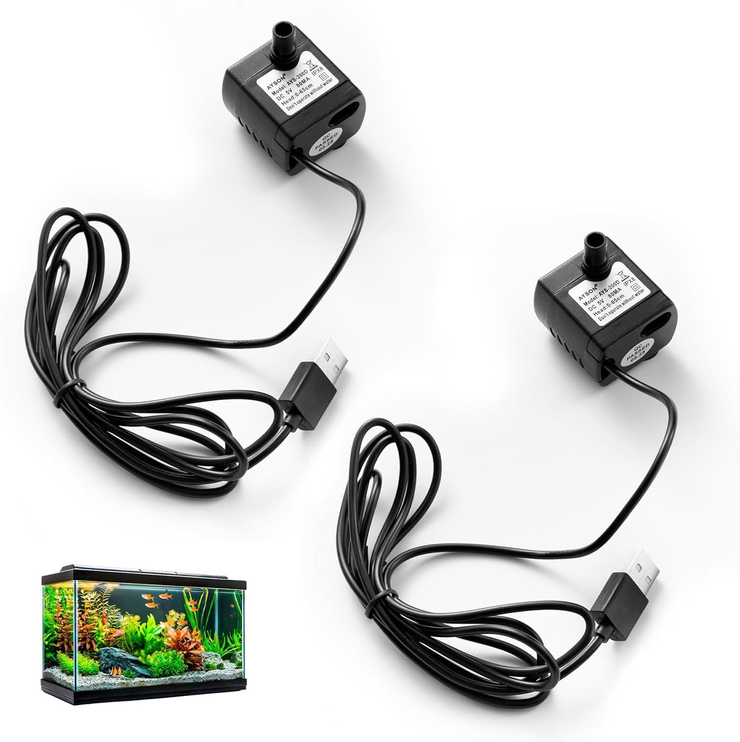 2 stuks USB mini-dompelpomp (DC 5 V, 1-3 W, 200 l/h), instelbaar, aquariumpomp, USB, ultralichte waterpomp voor huisdierfontein, aquarium, vijver, hydrocultuur, tafelfontein, ideaal voor binnen en