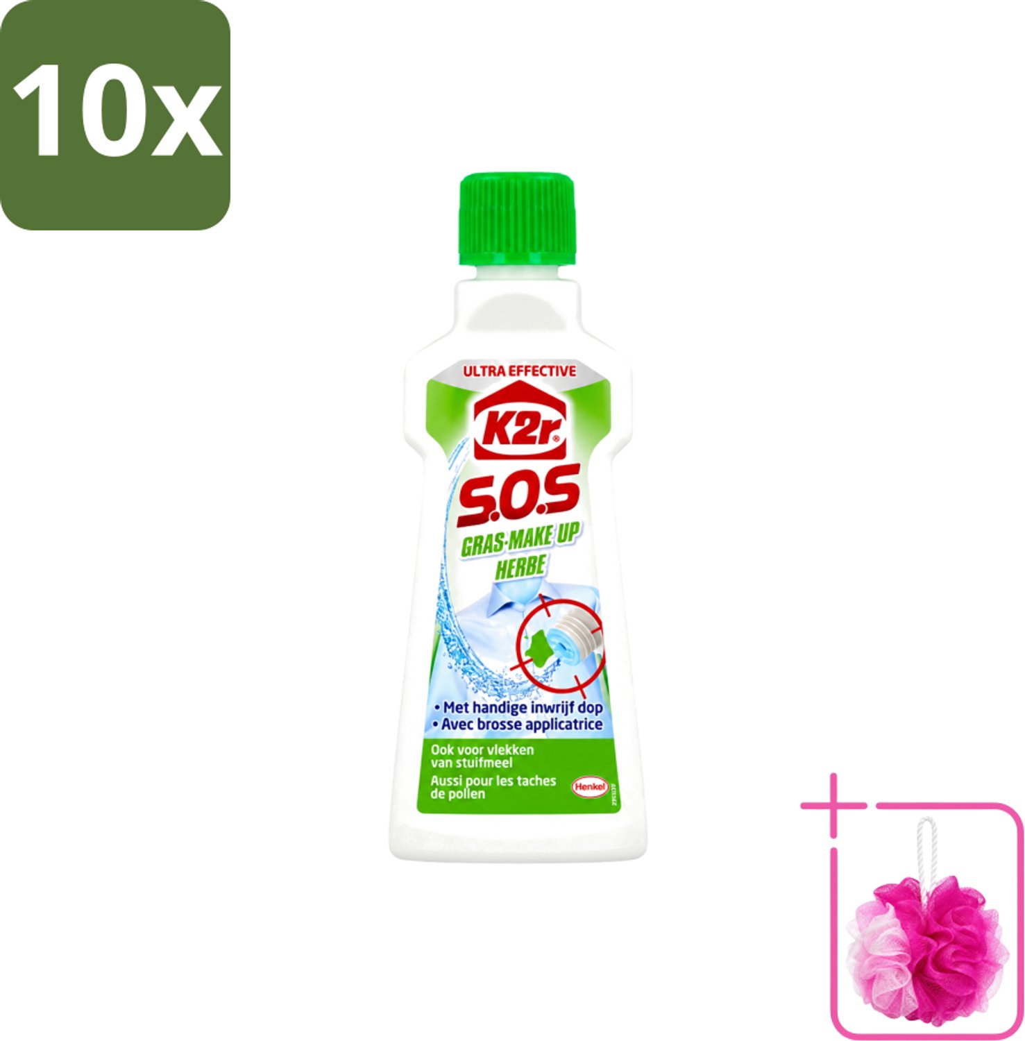 10 x K2R - SOS Vlekverwijderaar - Gras & Make-up - 50ml - Bulkverpakking - Vlekverwijderaar - Douchemop - Grasvlek