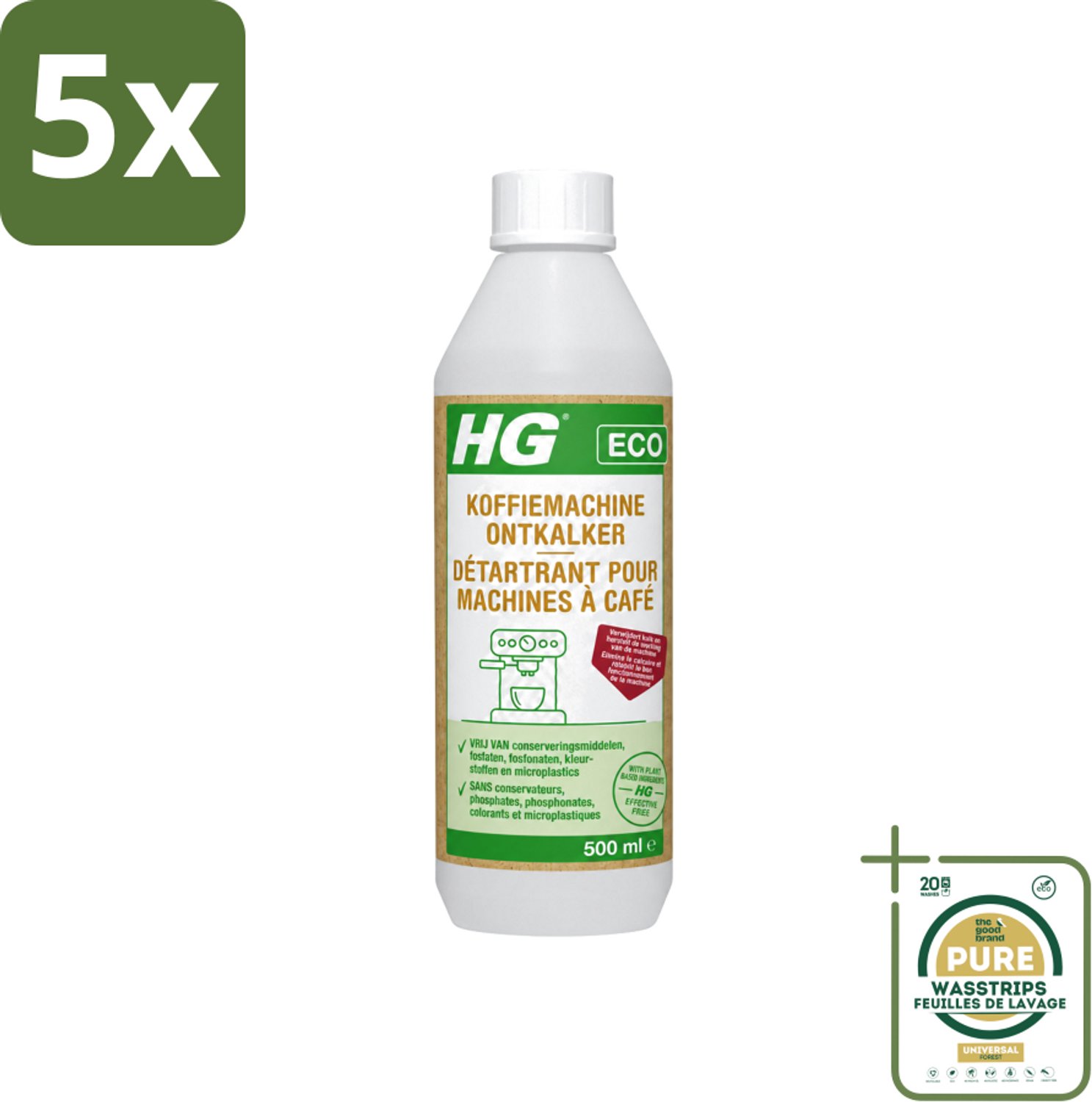 5 x HG ECO - Koffiemachine Ontkalker - Op Basis Van Citroenzuur - 6 Reinigingsbeurten - 500 ml - Wasstrips - Koffiemachine Ontkalker - Citroenzuur - Kalkaanslag Verwijderen - Espresso Machine Ontkalker - Padkoffiemachine Ontkalker
