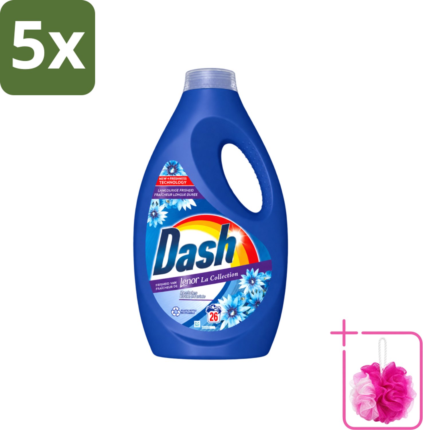 5 x Dash - Lenor Collectie - Vloeibaar Wasmiddel - Witte en Gekleurde Was - Zeebries - 26 Wasbeurten - Bulkverpakking - Wasmiddel - Douchemop - Was