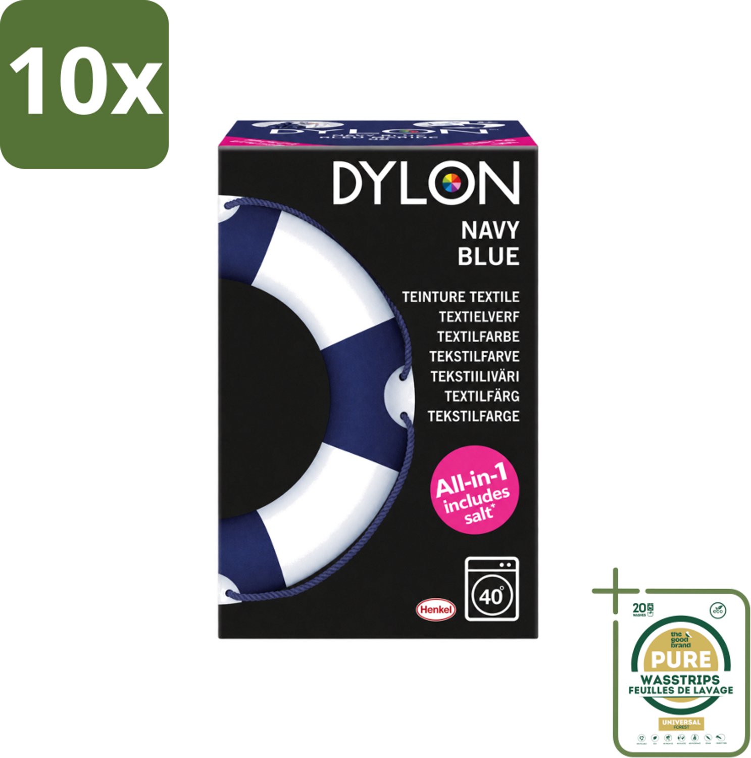 10 x Dylon - Textielverf - Navy Blue - All-in-One - Inclusief Zout - 350g - Wasstrips - Textielverf - Kleding Verven - Kleurstof - Katoen Verven - Stof Verven