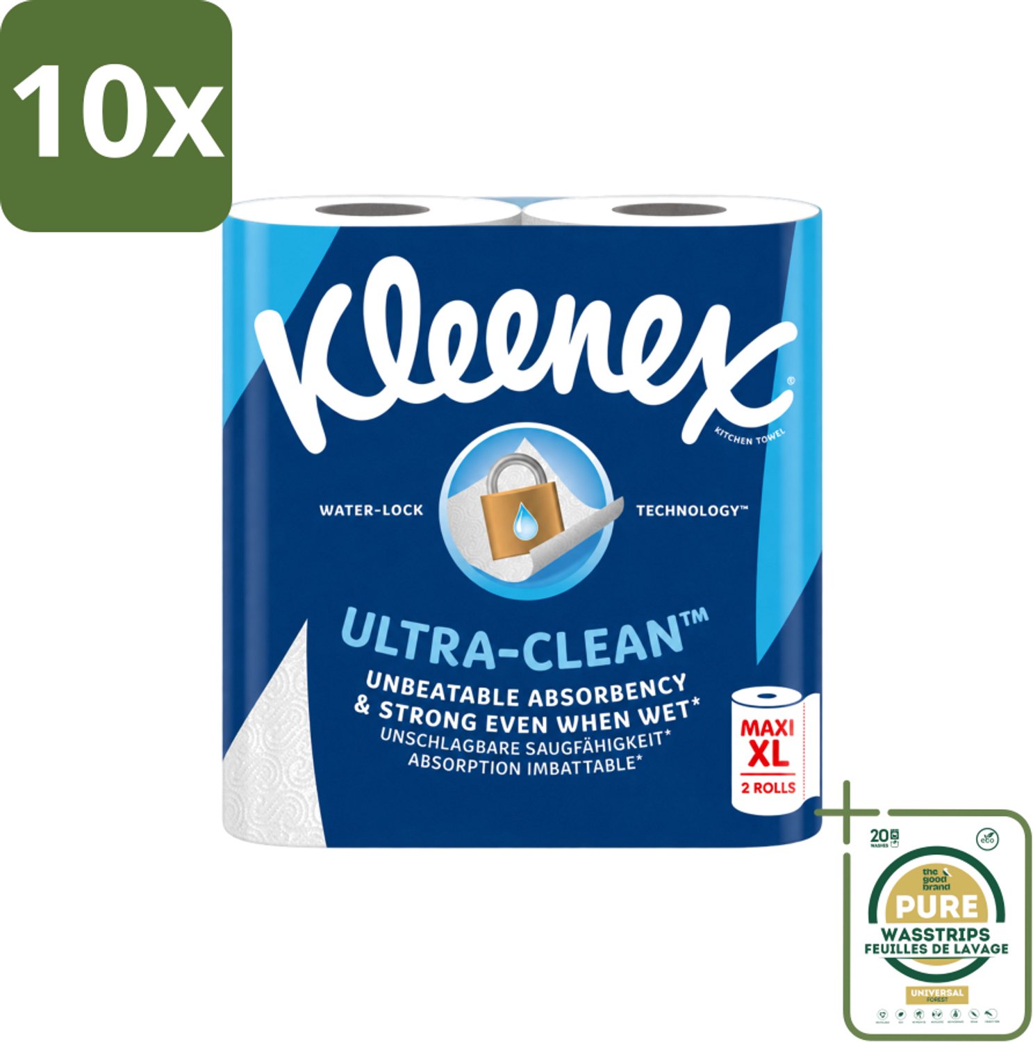 10 x Kleenex - Keukenpapier - Ultra Clean - Maxi XL - Absorberend - 2 Rollen - Wasstrips - Kleenex Keukenpapier - Keukenpapier - Papier Handdoek - Absorptievermogen - Natte Omstandigheden