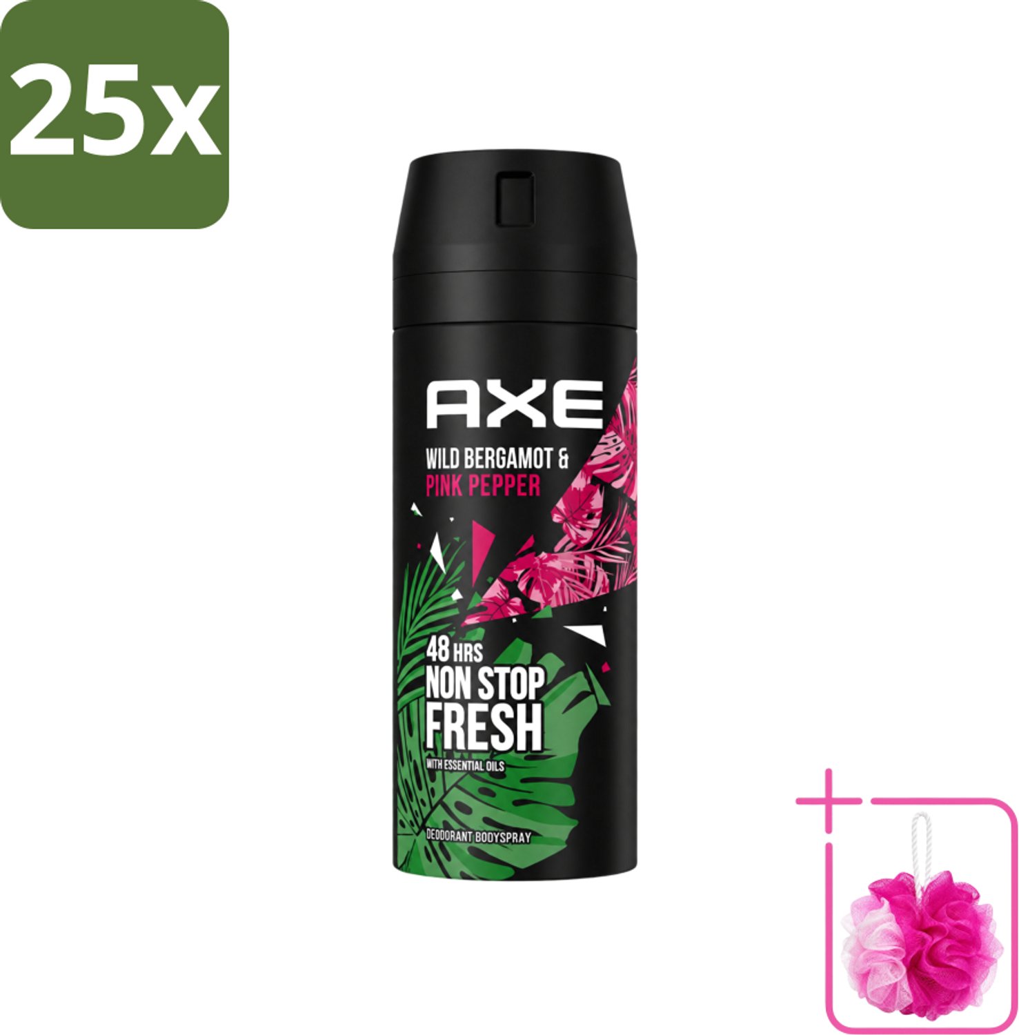 25 x Axe - Deodorant Bodyspray - 48hrs Fresh - Wild Bergamot & Pink Pepper - 150 ml - Bulkverpakking - 48 uur bescherming - Douchemop - Zweetbestendig