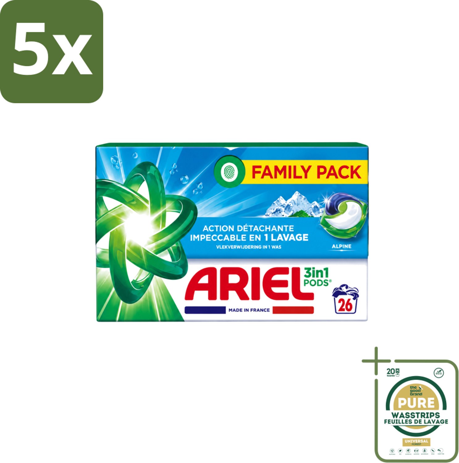 5 x Ariel – Pods 3in1 – Alpine – 26 wasbeurten - Wasstrips - Ariel 3in1 Pods Alpine - Wasmiddel 26 Wasbeurten - Kleurbehoud Wasmiddel - Frisse Geur Wasmiddel - Compacte Pods