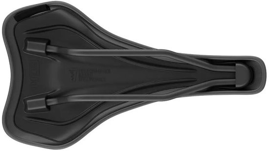 Onderaanzicht van het zwarte SQlab 612 Ergowave R zadel met S-TUBE rails en tekst 'Performance Ergonomics'.