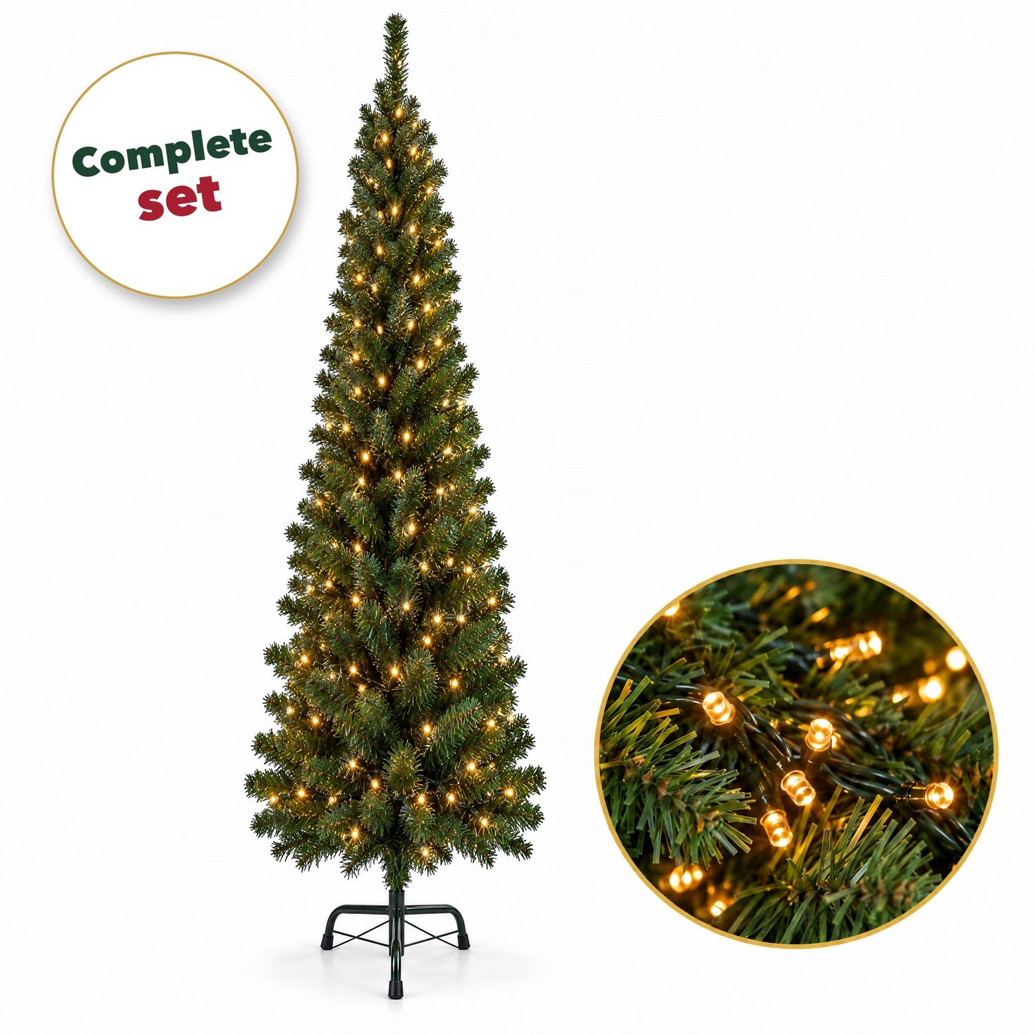 Cheqo® Smalle Kunstkerstboom 180 cm met Verlichting Warm Wit - Kerstboom met Verlichting - Dimbare Kerstboomverlichting 560 LED - Kerstlampjes - Cluster Kerstverlichting - Lichtsnoer - LED Kerstboom - Smalle Kerstboom