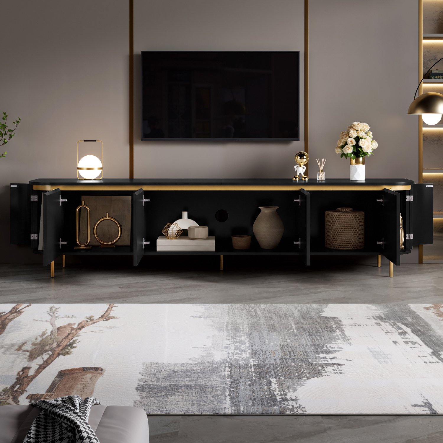 Wishdor Tv-meubel - Zes greeploze deuren en kabeldoorvoer - Afgeronde uiteinden en geribbelde zijkanten - Modern ontwerp voor woonkamer - MDF en ijzeren poten - Zwart - 180 x 38 x 46 cm