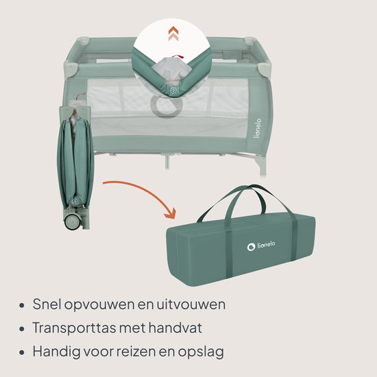 Groen Lionelo reisbedje wordt snel opgevouwen in een handige transporttas voor opslag en reizen.