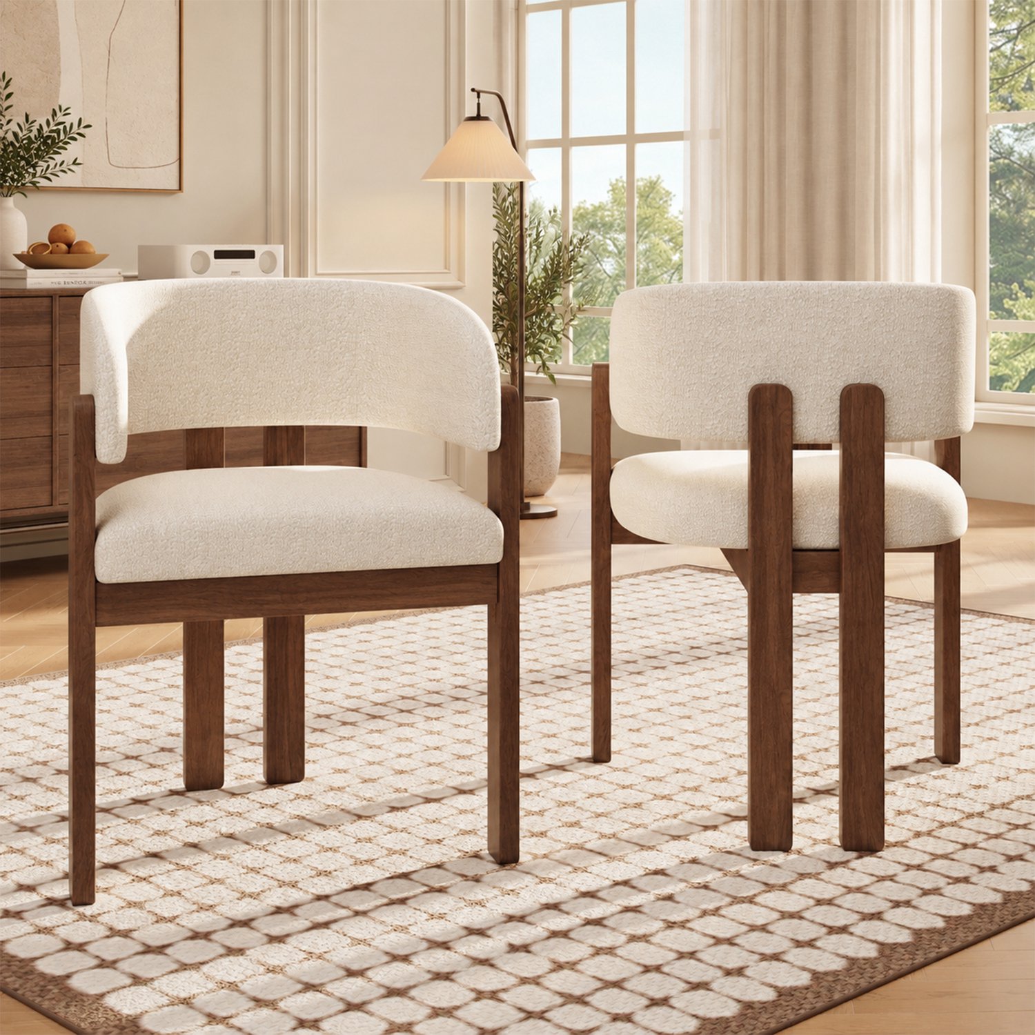 OKWISH Eetkamerstoelen 60 x 51 x 80 cm - Set van 2 met Armleuningen - voor Eetkamer en Woonkamer - Hout en Boucléstof - Walnootkleur en Beige Walnootkleurig en beige