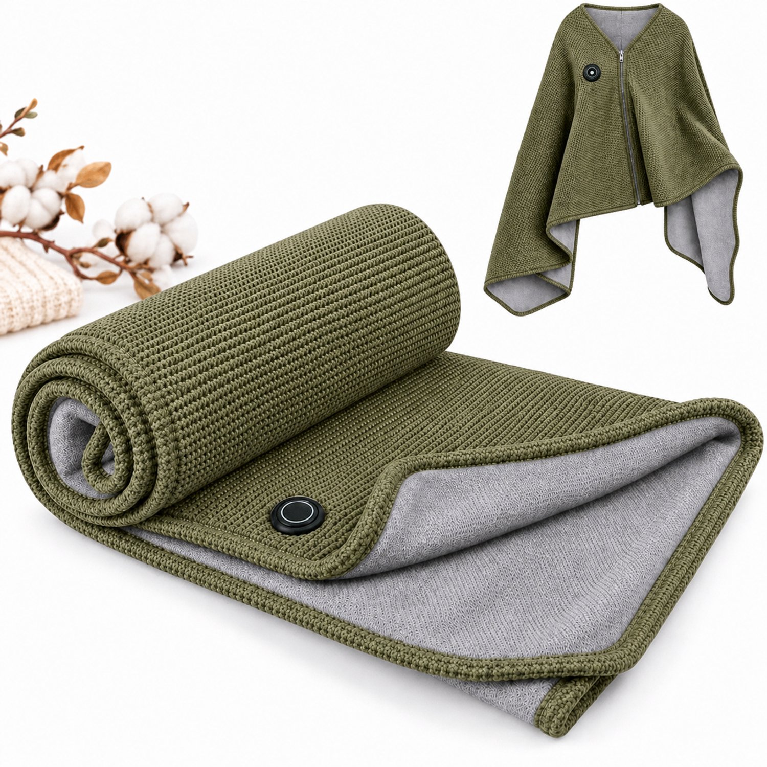 Ryoudavell - Draagbare Verwarmingsdeken Dames USB, 150x80cm Omslagdoek/Poncho met Rits, Gerichte Warmte voor Nek, Schouders, Rug en Benen - Zachte Synthetische Stof, Olijfgroen, voor Thuis, Kantoor, Reizen, Powerbank Niet Inbegrepen