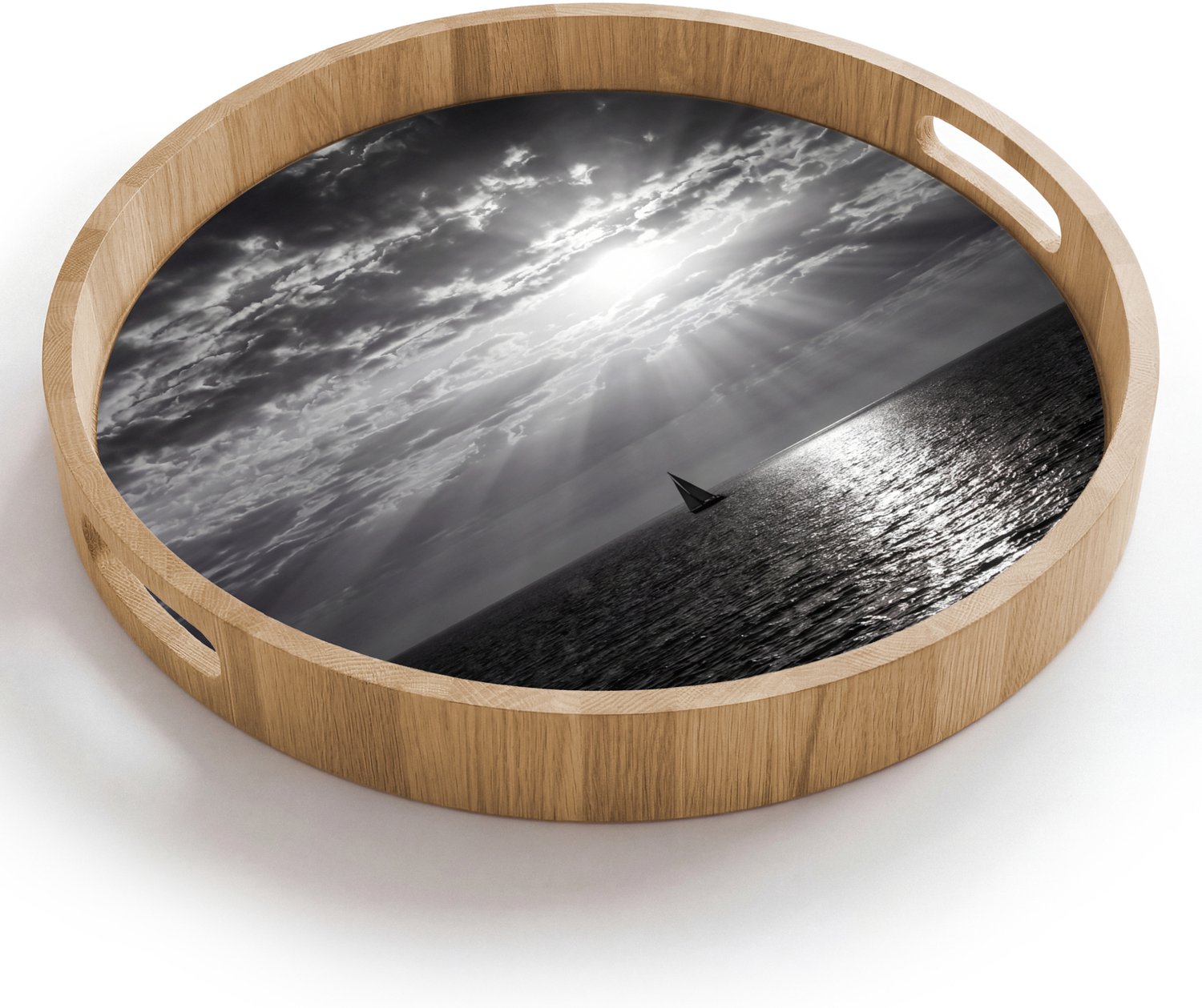 Dienblad rond 40x40 cm - Schootdienblad hout - Water - Boot - Lucht - Natuur - Zwart-wit - Borrelplank rechthoek - Plateau houten dienbladen