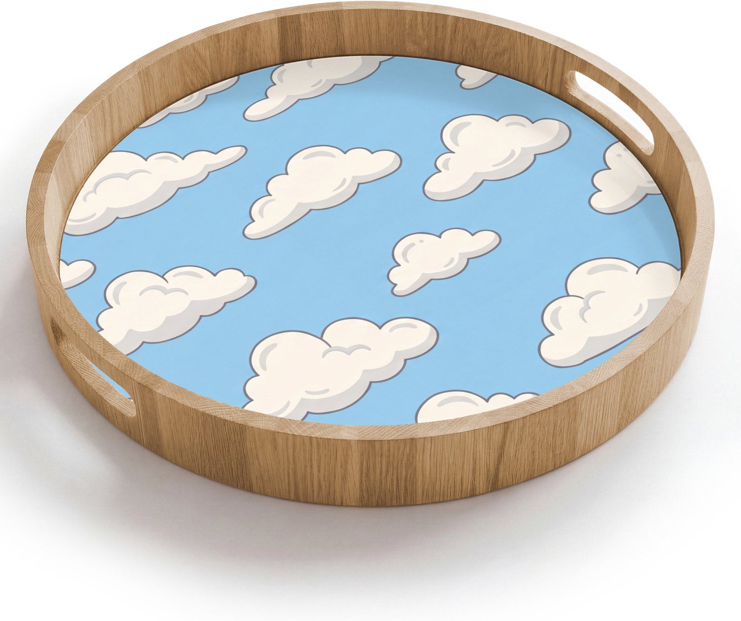 Dienblad rond 40x40 cm - Schootdienblad hout - Wolk - Cartoon - Lucht - Blauw - Wit - Borrelplank rechthoek - Plateau houten dienbladen