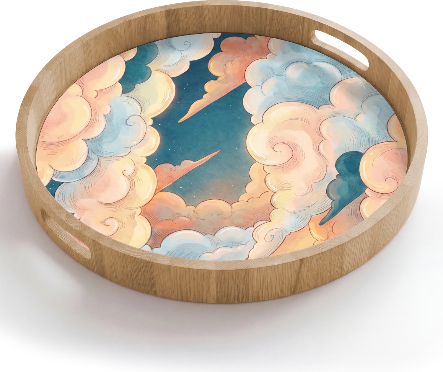Dienblad rond 50x50 cm - Schootdienblad hout - Wolk - Lucht - Natuur - Illustratief - Oranje - Borrelplank rechthoek - Plateau houten dienbladen