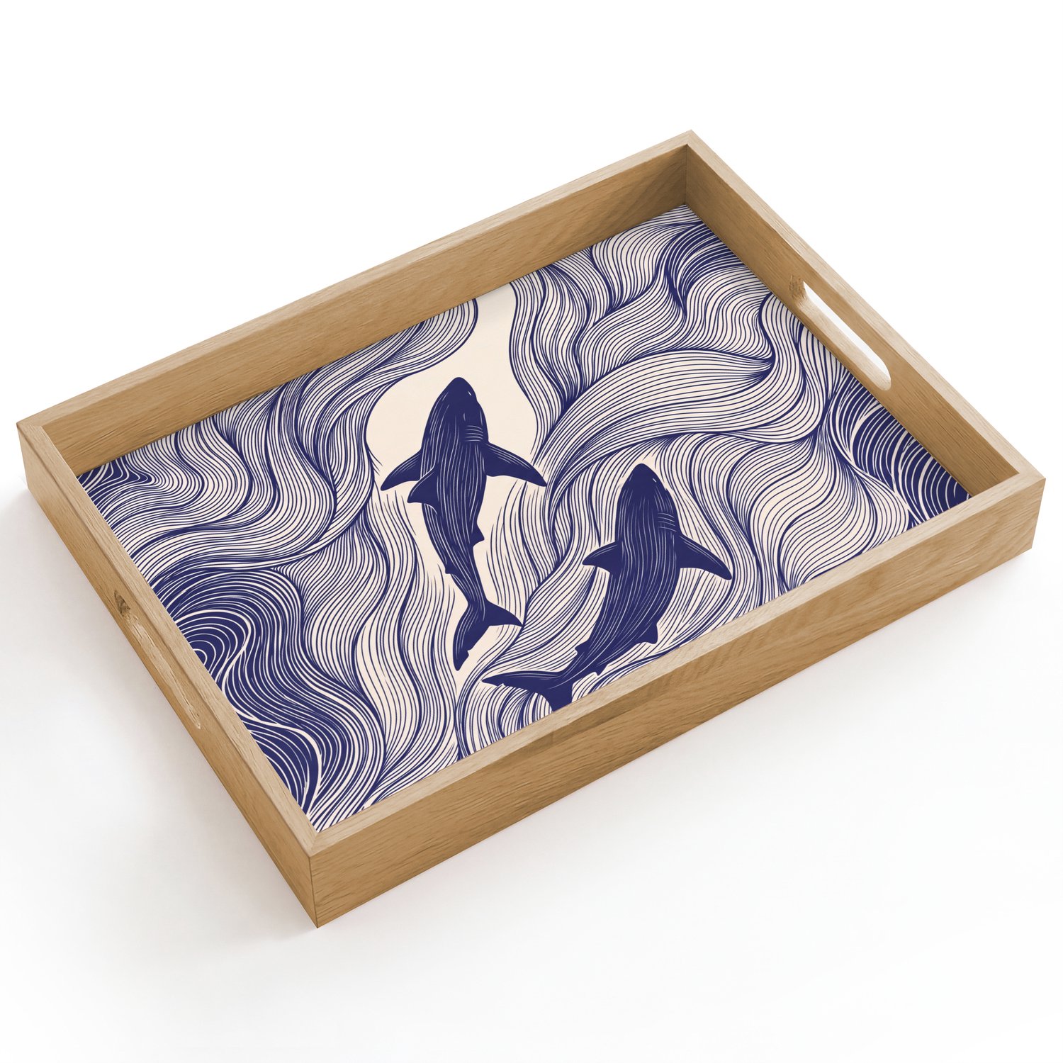 Dienblad hout 40x30 cm - Schootdienblad - Vis - Oceaan - Lijntekening - Blauw - Dieren - Borrelplank rechthoek - Plateau dienbladen