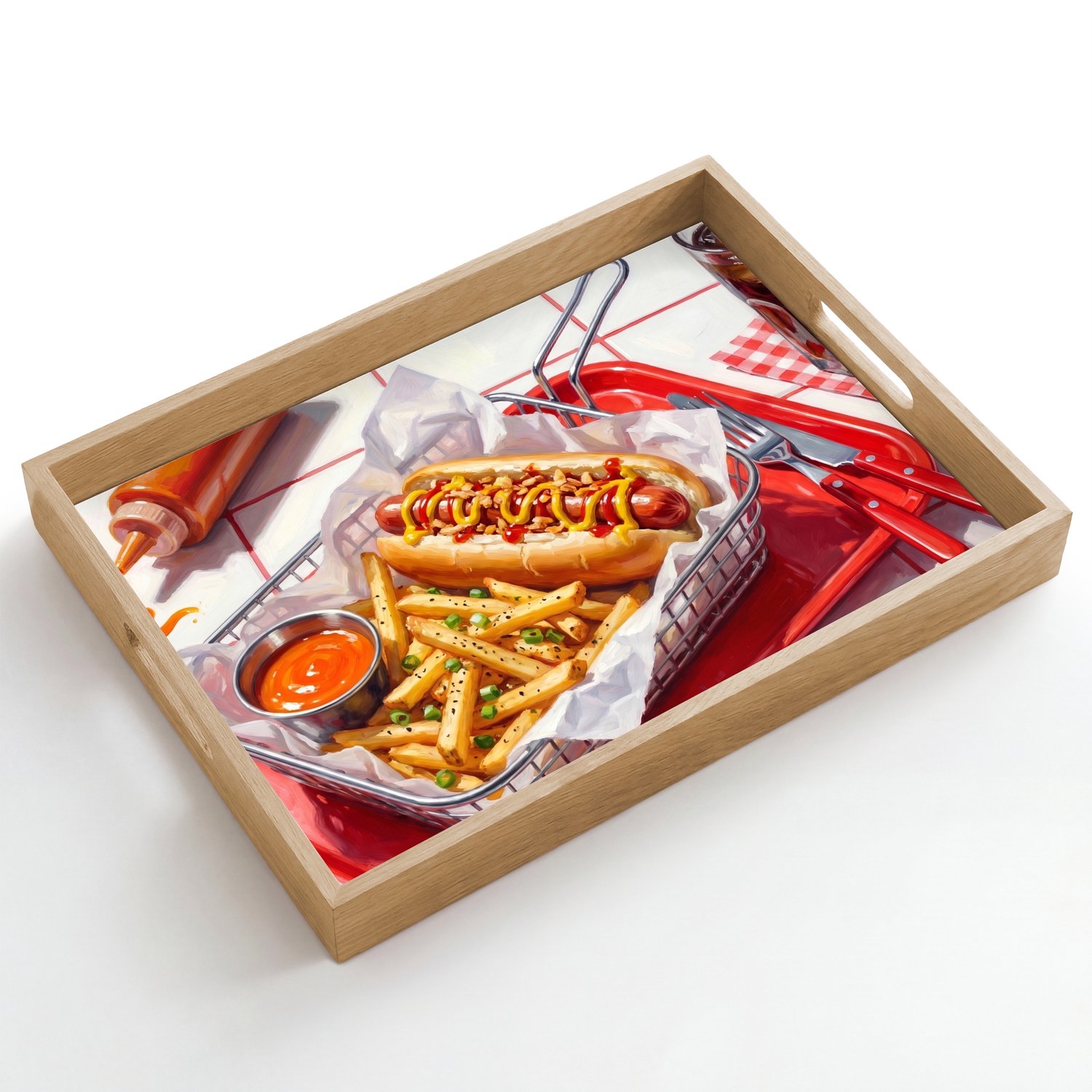 Dienblad hout 50x35 cm - Schootdienblad - Eten - Hotdog - Fastfood - Modern - Rood - Borrelplank rechthoek - Plateau dienbladen