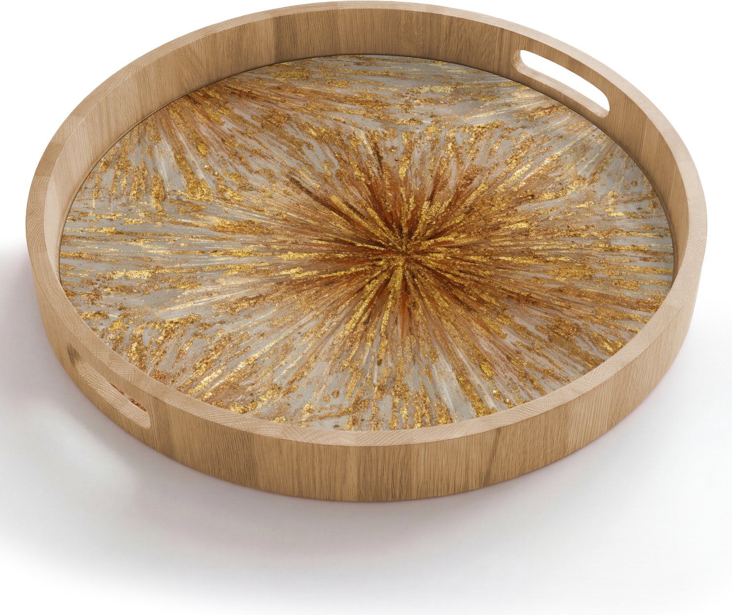 Dienblad rond 50x50 cm - Schootdienblad hout - Explosie - Abstract - Goud - Wit - Borrelplank rechthoek - Plateau houten dienbladen