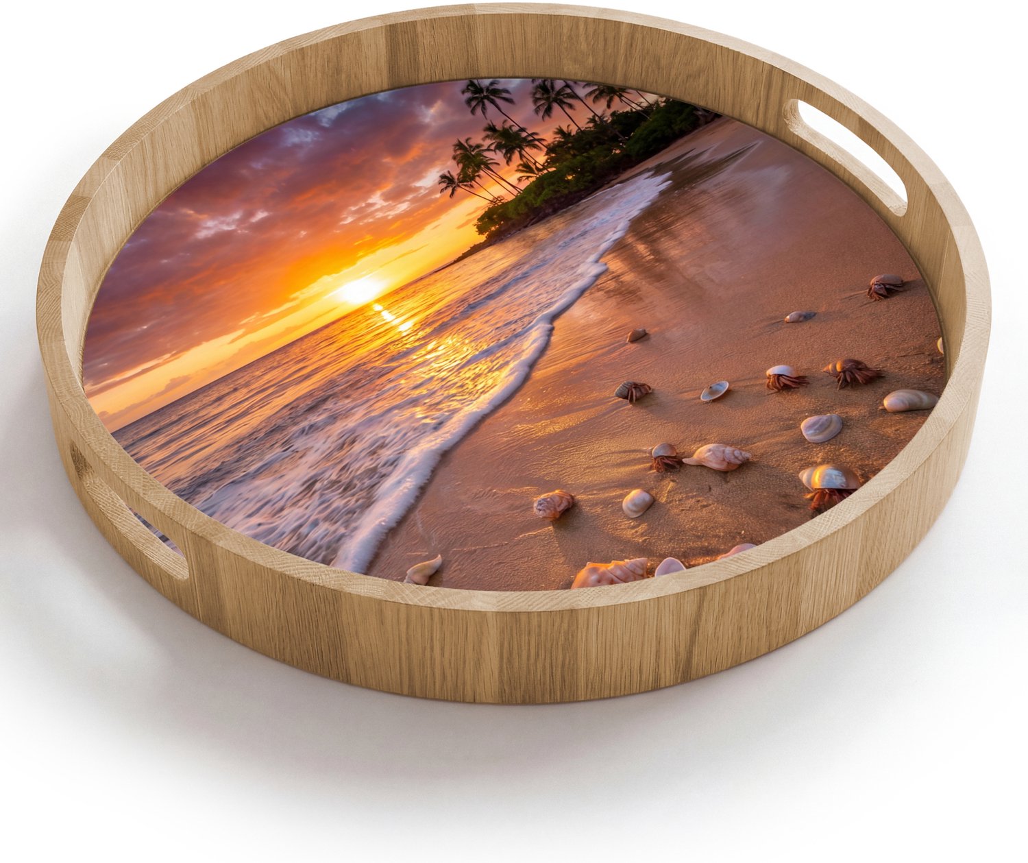 Dienblad rond 40x40 cm - Schootdienblad hout - Strand - Zonsondergang - Palmbomen - Natuur - Oranje - Borrelplank rechthoek - Plateau houten dienbladen