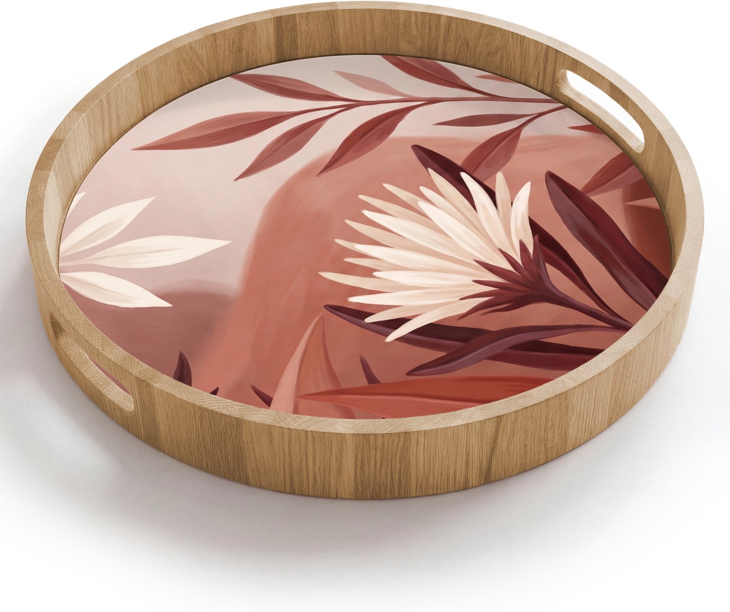 Dienblad rond 40x40 cm - Schootdienblad hout - Planten - Bladeren - Botanisch - Modern - Bruin - Borrelplank rechthoek - Plateau houten dienbladen