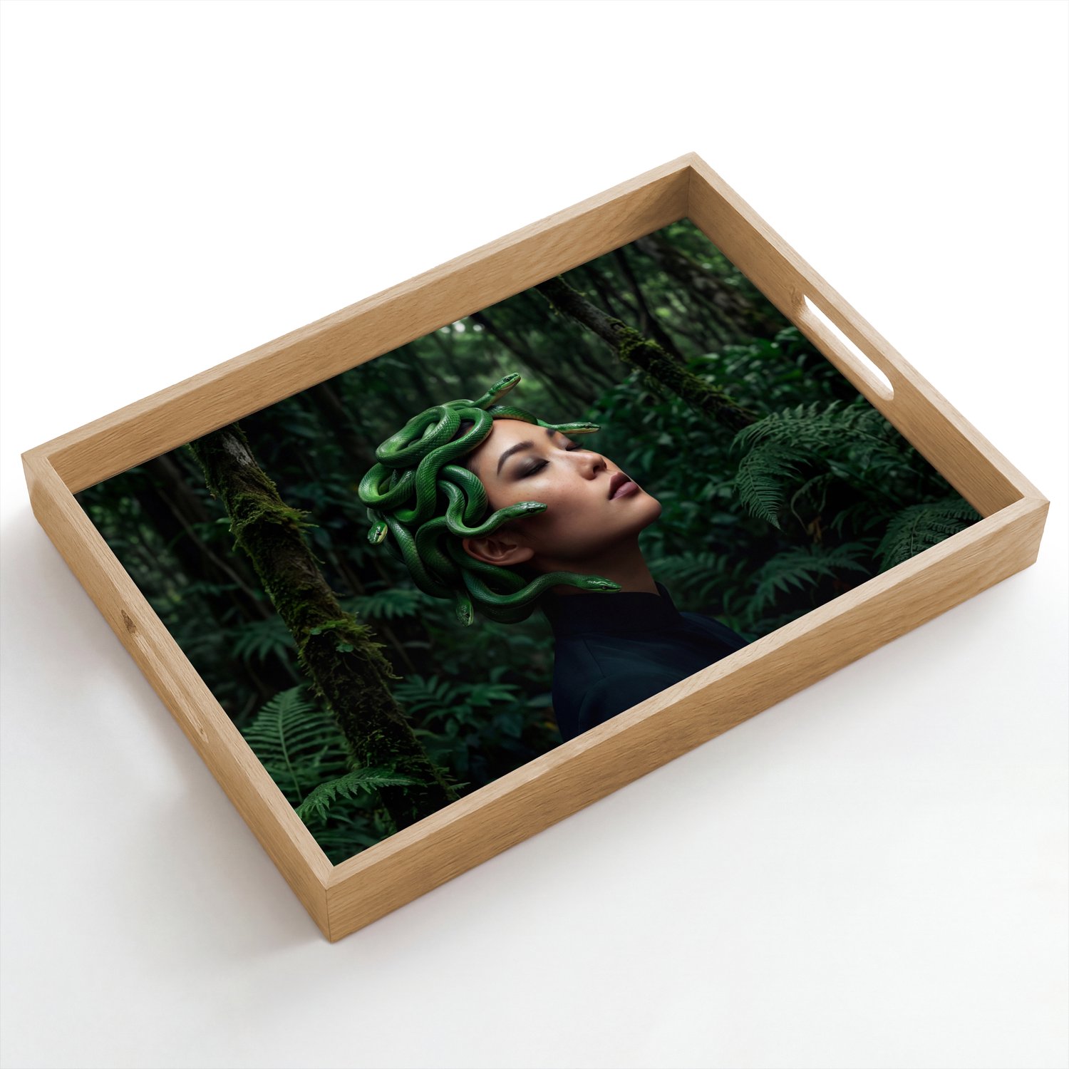 Dienblad hout 50x35 cm - Schootdienblad - Vrouw - Slang - Natuur - Mystiek - Groen - Borrelplank rechthoek - Plateau dienbladen
