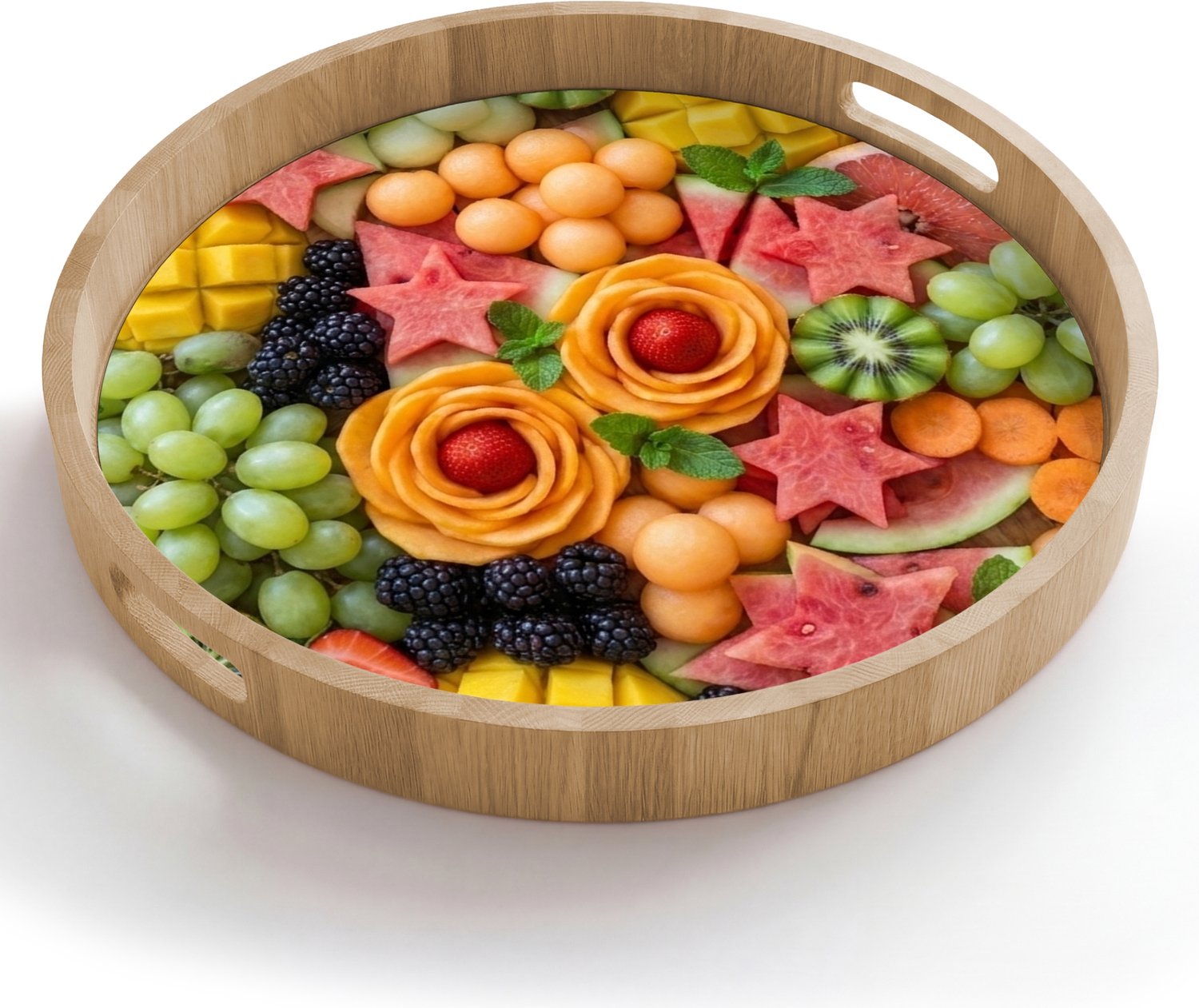 Dienblad rond 50x50 cm - Schootdienblad hout - Fruit - Variatie - Kleurrijk - Vers - Eten - Borrelplank rechthoek - Plateau houten dienbladen