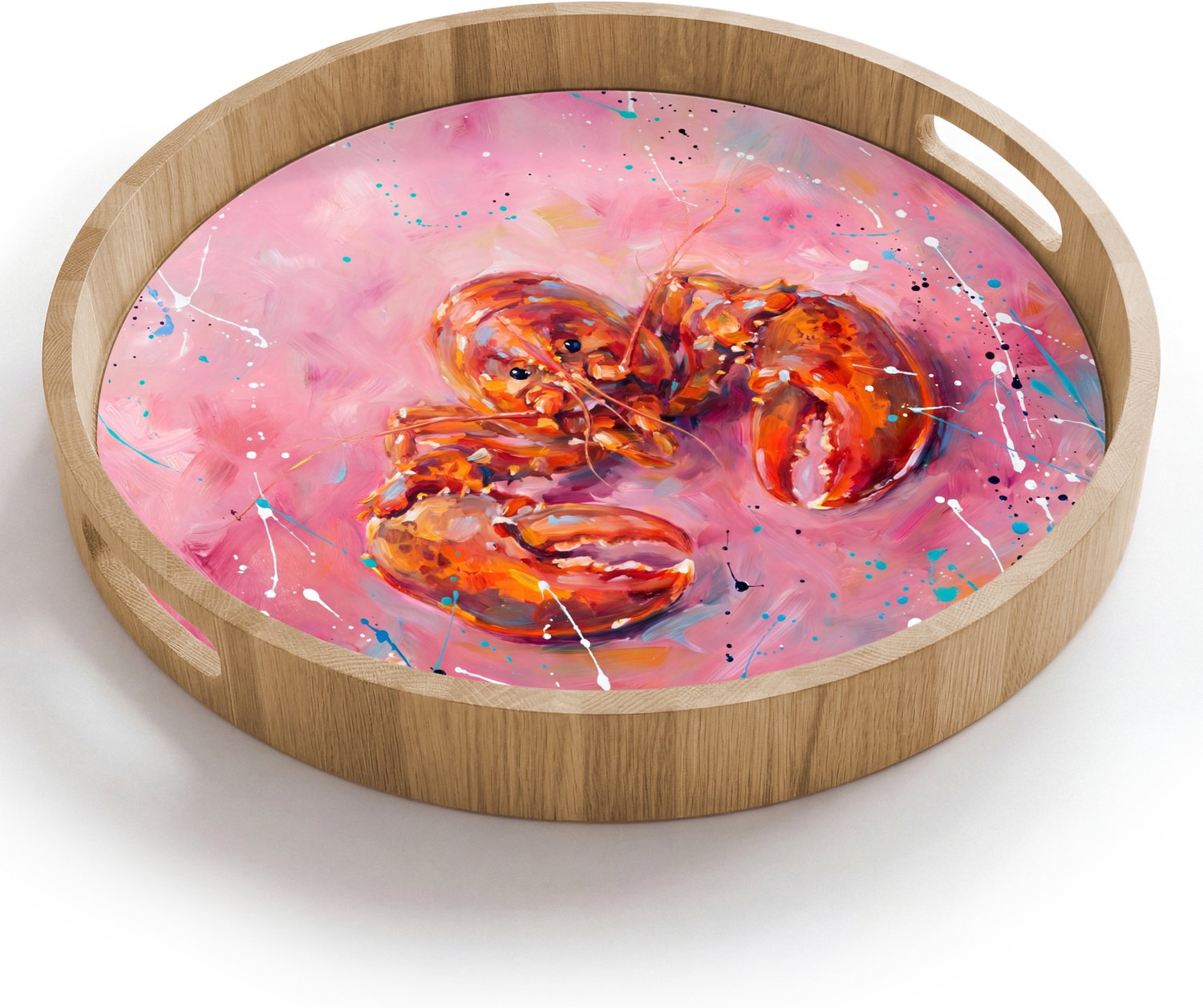 Dienblad rond 40x40 cm - Schootdienblad hout - Zeeleven - Kreeft - Spatters - Abstract - Roze - Borrelplank rechthoek - Plateau houten dienbladen