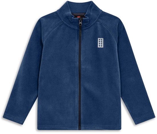 Donkerblauw Lego Wear fleecejack met opstaande kraag, ritssluiting en een klein Lego-blokje op de borst.