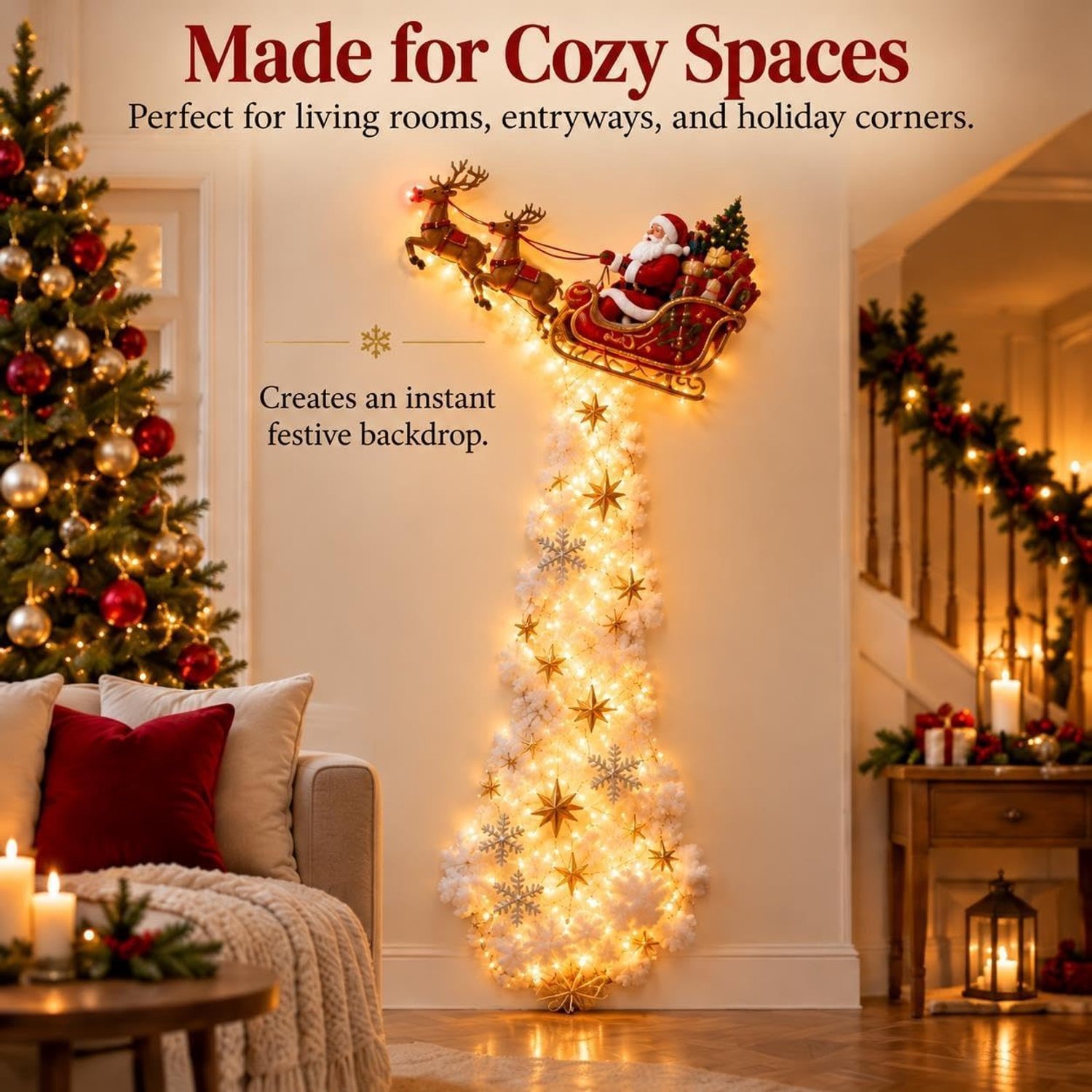 Kerst Magic Trail wandlamp, kerstman slee rendier hangende decoratie met warm witte led, 3D ster en sneeuwvlok, indoor vakantie decoratie voor woonkamer, feestelijk kerstcadeau 60cm – foto 3