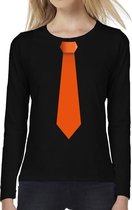 Stropdas oranje long sleeve t-shirt zwart voor dames- zwart shirt met lange mouwen en stropdas bedrukking voor dames L