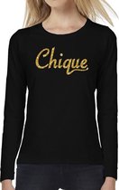 Chique goud glitter tekst t-shirt long sleeve zwart voor dames- zwart shirt met lange mouwen en gouden chique tekst voor dames S