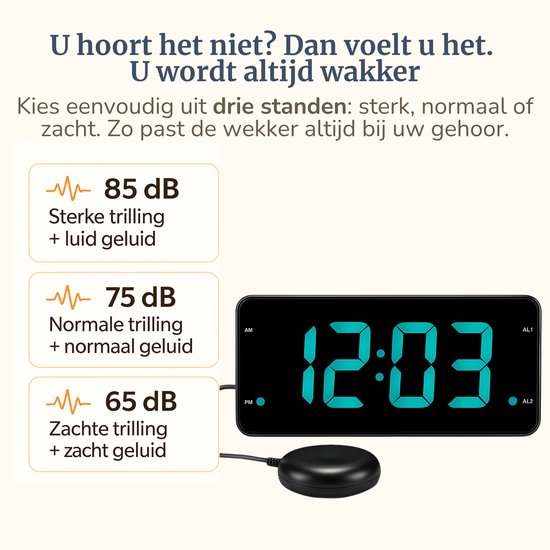 Trilwekker met Trilkussen voor Slechthorenden & Doven – Wekker voor Senioren, Pubers & Diepe Slapers - Seniorenwekker - Digitale Wekker met Trilfunctie – Extra Luid met Trilschijf