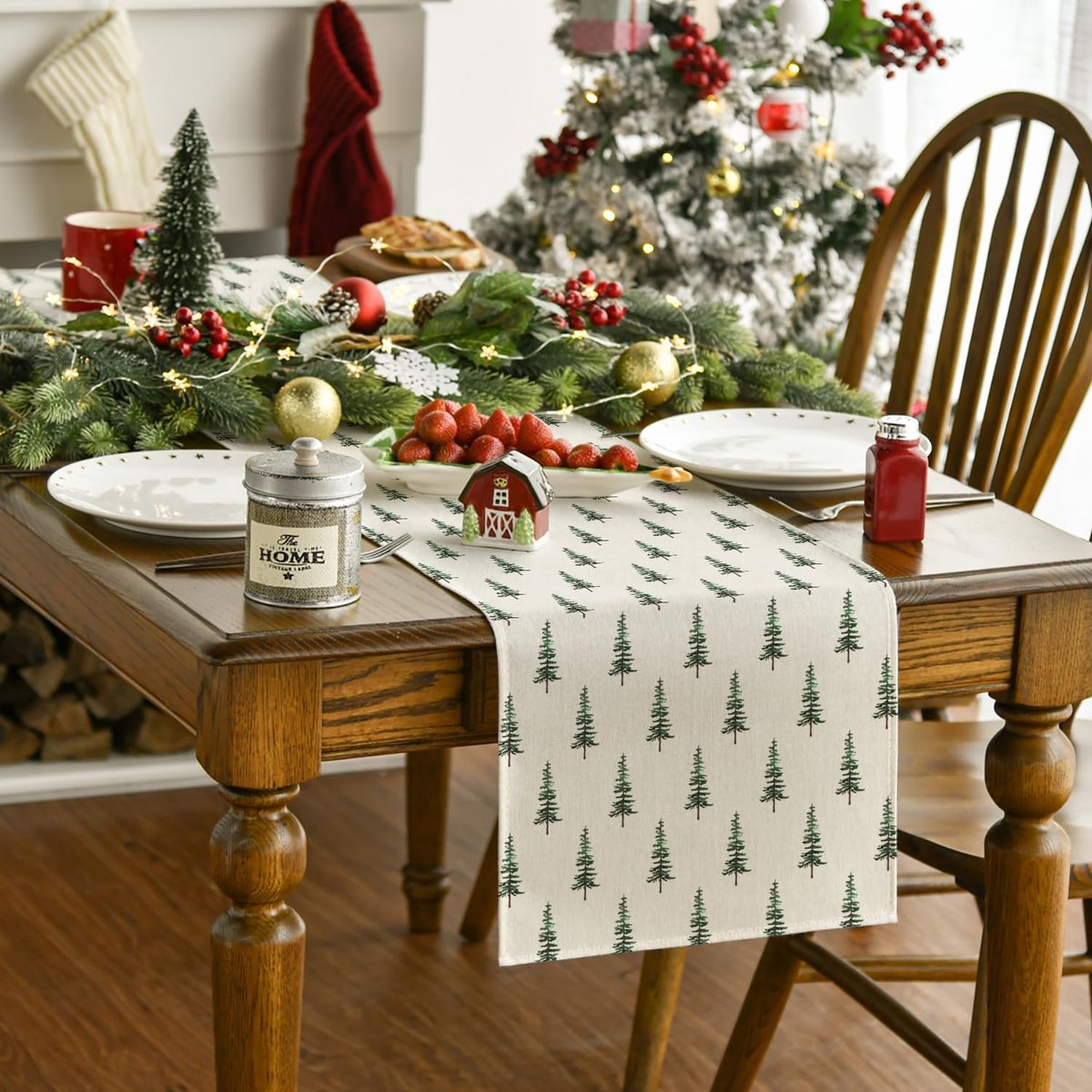 Tafelloper Groene Zwarte Bomen 40 x 140 cm – Seizoensgebonden Winterdecoratie