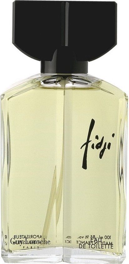 Flesje Guy Laroche Fidji Eau de Toilette met lichte gele vloeistof en zwarte dop.