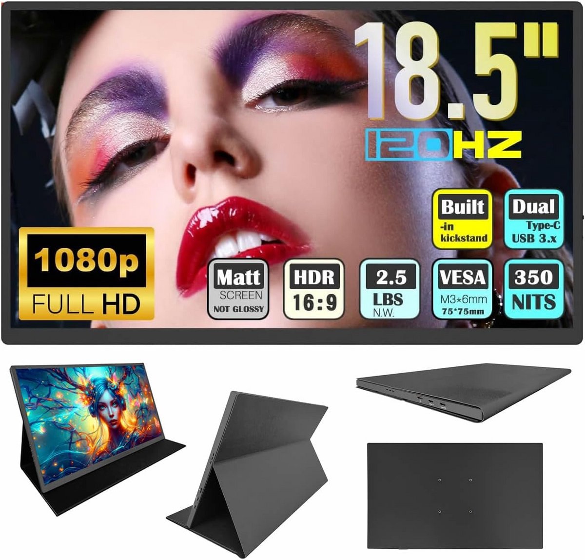 Draagbare 18,5-inch Monitor voor Laptop met 120 Hz en 100% sRGB - CNC-frame en Ingebouwde Kickstand